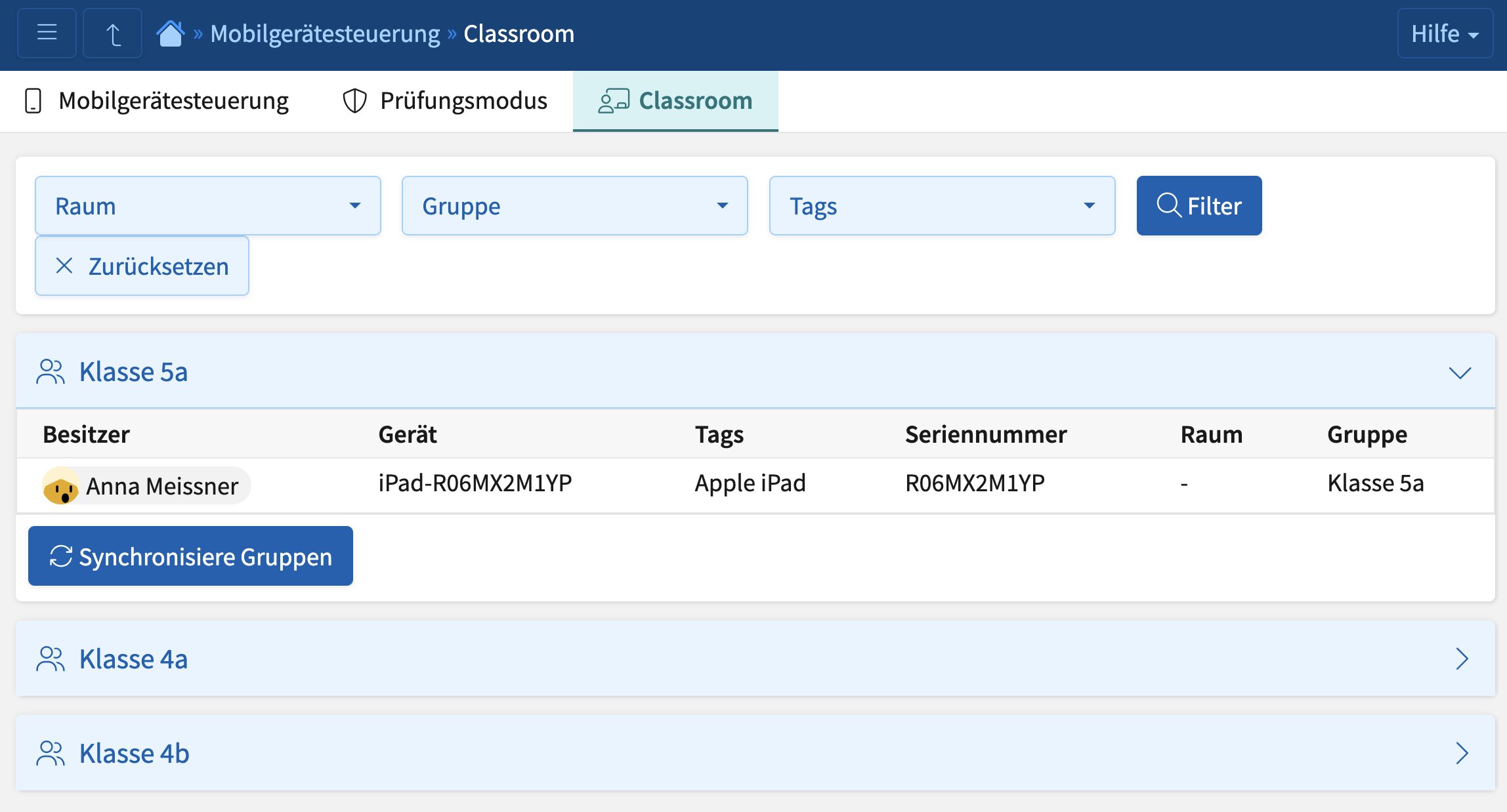 Screenshot: IServ-Gruppen in der Mobilgerätesteuerung